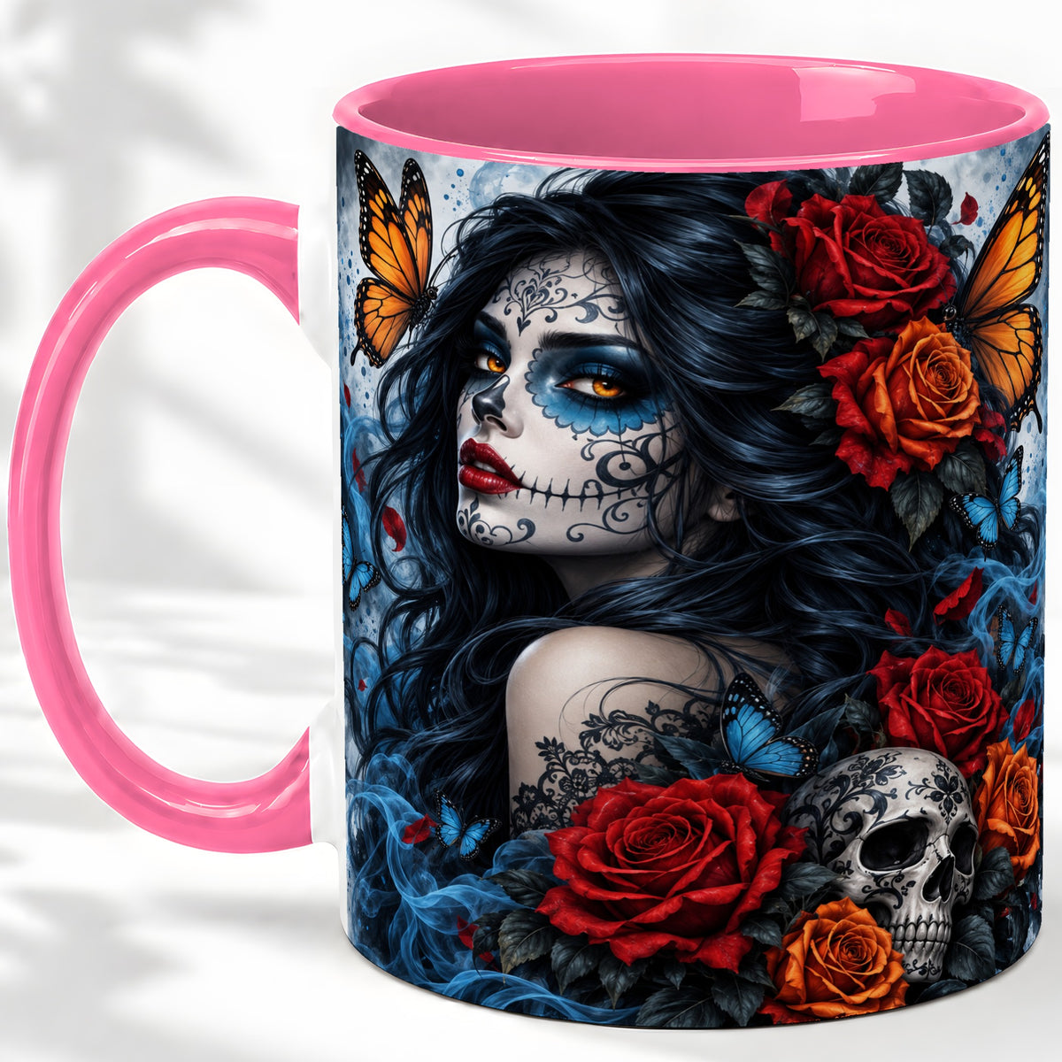 #pl[11oz|Pink] Sugar Skull Butterfly Accent Mug, Ceramic Mug for Gothic Art Fans