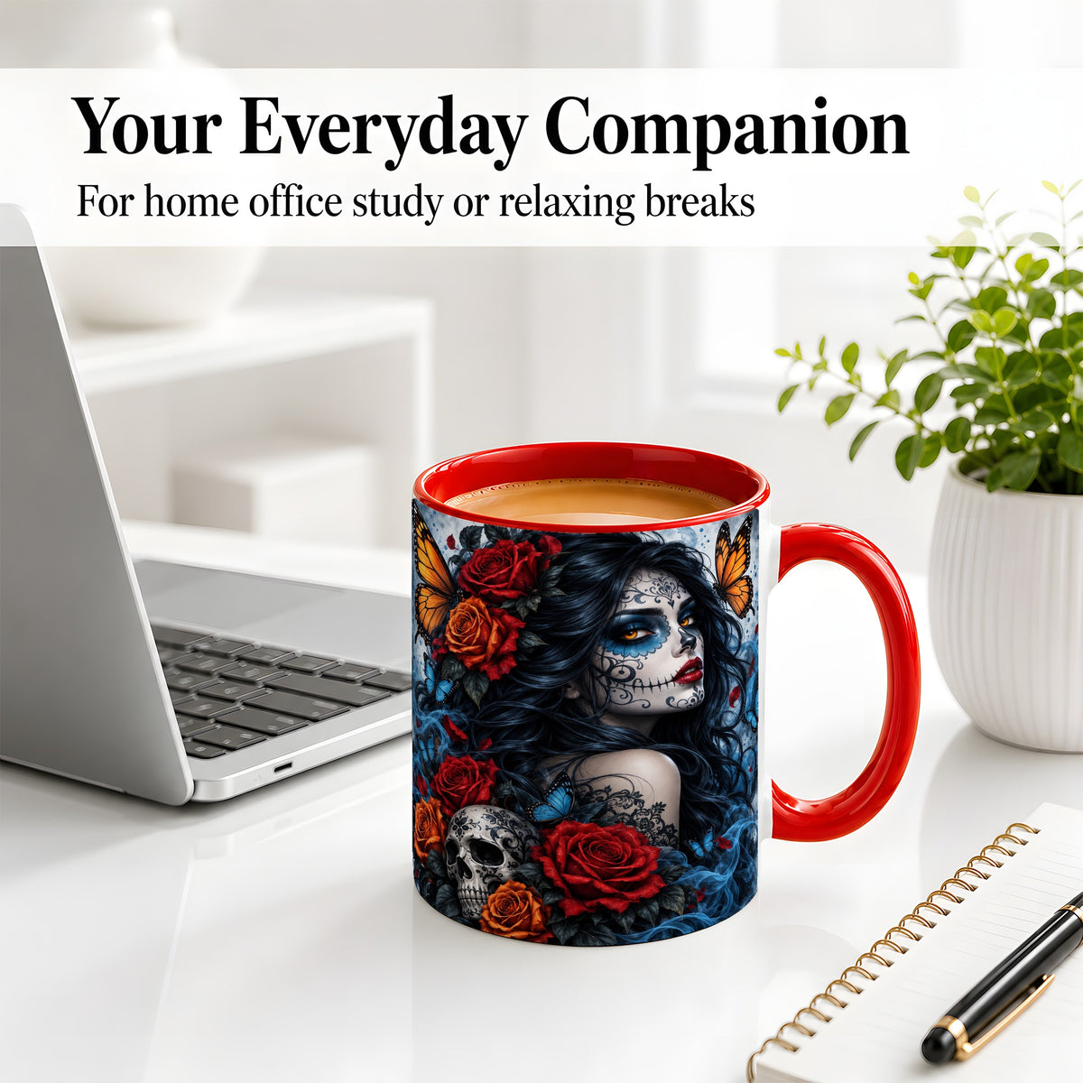 #pl[11oz|Red] Sugar Skull Butterfly Accent Mug, Ceramic Mug for Gothic Art Fans