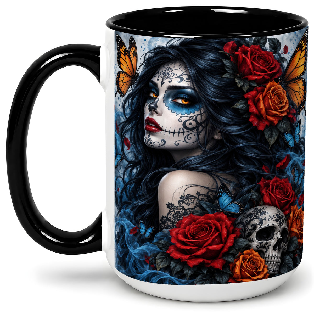 #pl[15oz|Black] Sugar Skull Butterfly Accent Mug, Ceramic Mug for Gothic Art Fans