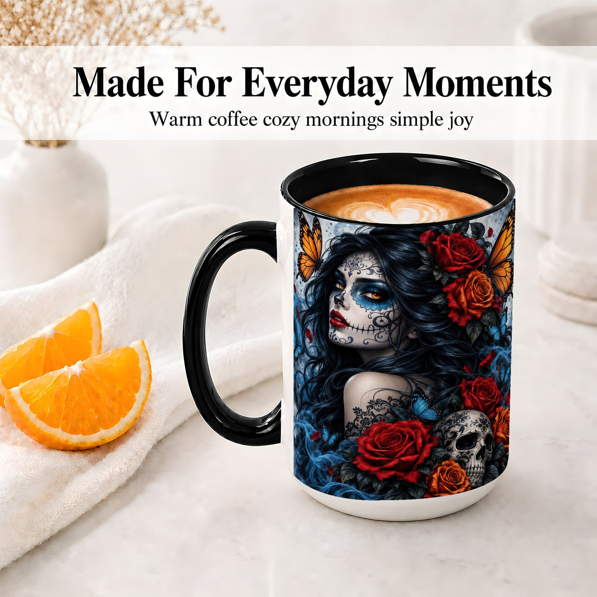 #pl[15oz|Black] Sugar Skull Butterfly Accent Mug, Ceramic Mug for Gothic Art Fans