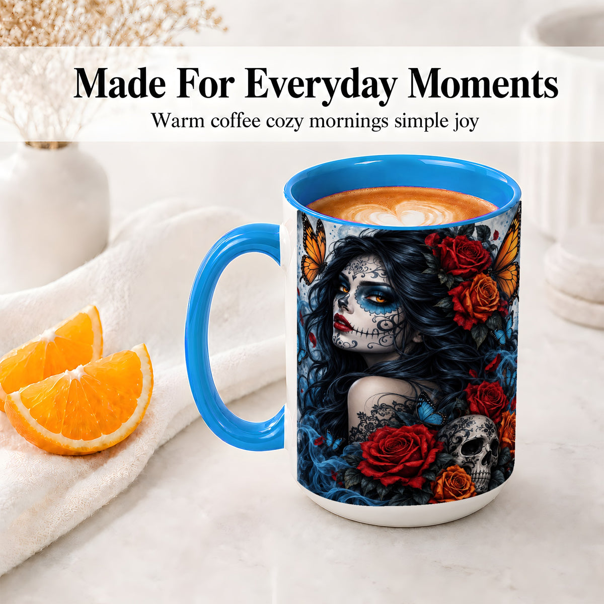 #pl[15oz|Blue] Sugar Skull Butterfly Accent Mug, Ceramic Mug for Gothic Art Fans