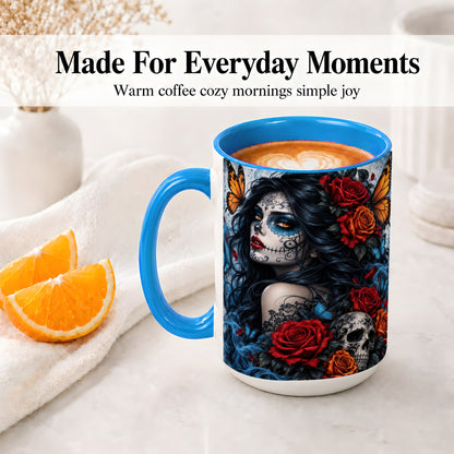 #pl[15oz|Blue] Sugar Skull Butterfly Accent Mug, Ceramic Mug for Gothic Art Fans