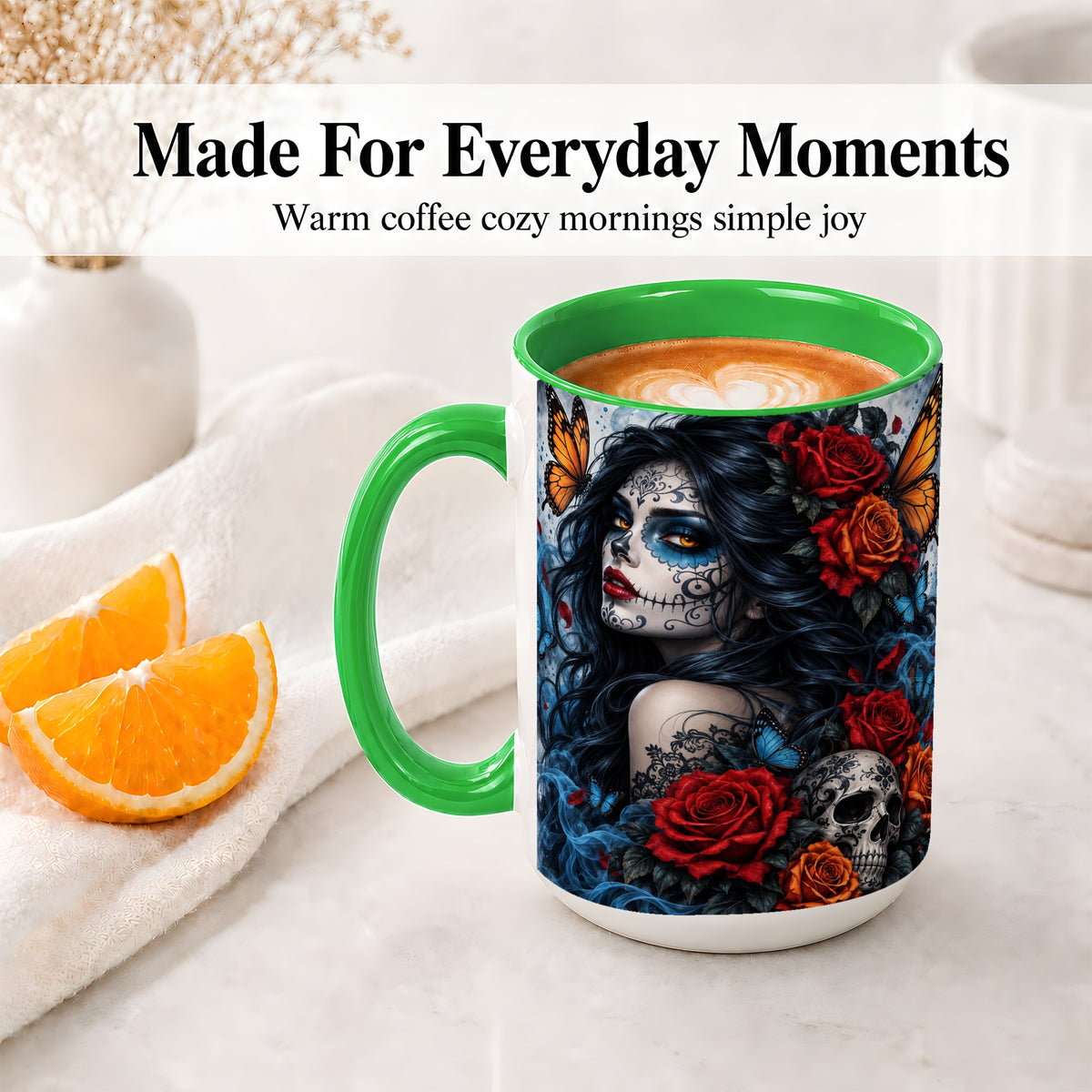 #pl[15oz|Green] Sugar Skull Butterfly Accent Mug, Ceramic Mug for Gothic Art Fans