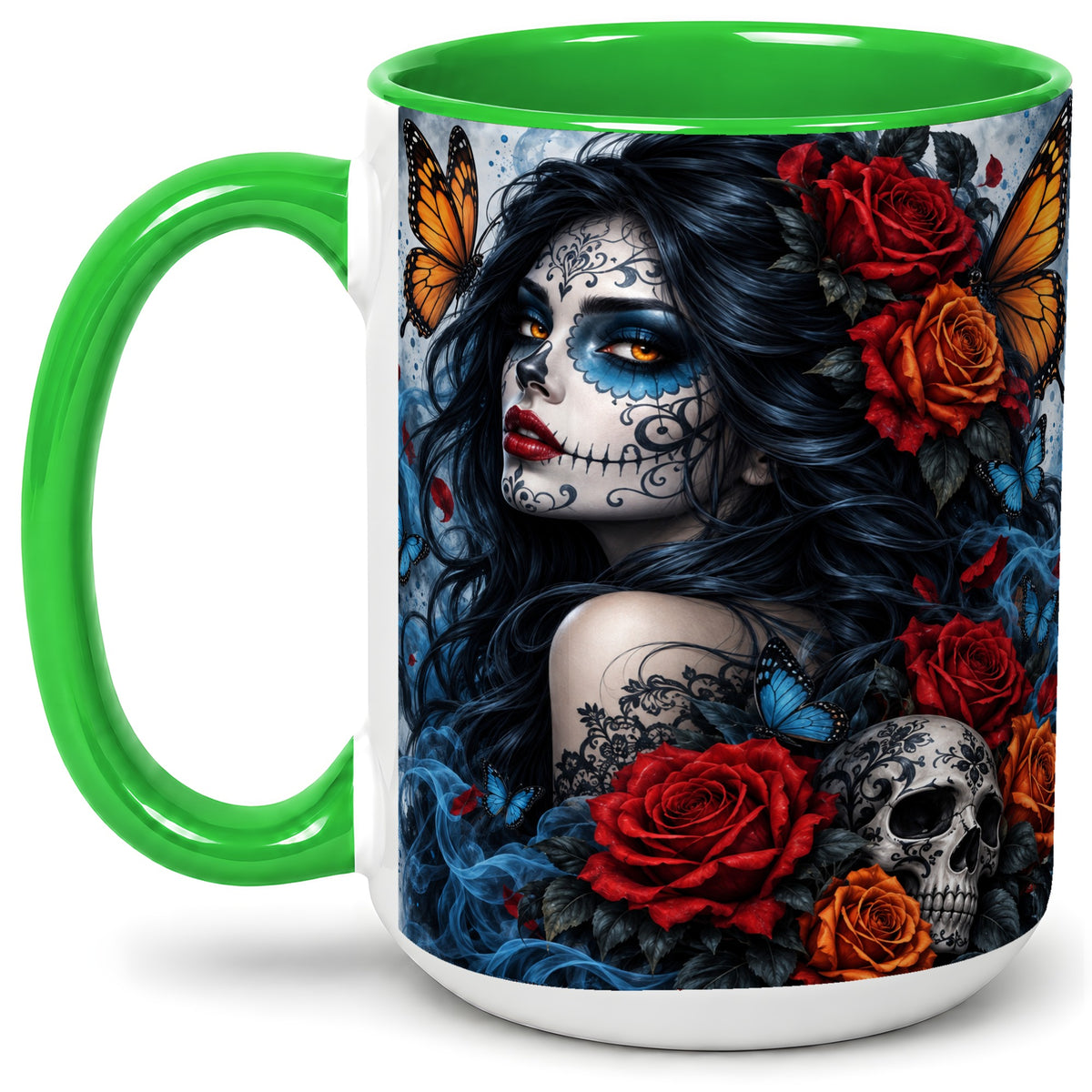 #pl[15oz|Green] Sugar Skull Butterfly Accent Mug, Ceramic Mug for Gothic Art Fans
