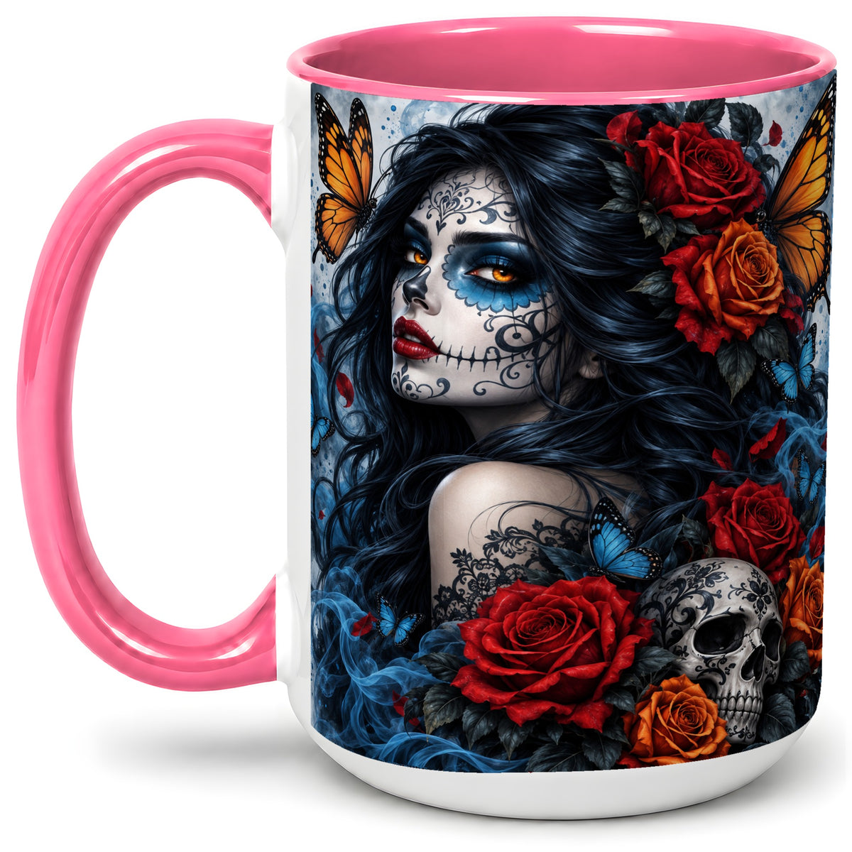 #pl[15oz|Pink] Sugar Skull Butterfly Accent Mug, Ceramic Mug for Gothic Art Fans