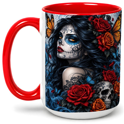 #pl[15oz|Red] Sugar Skull Butterfly Accent Mug, Ceramic Mug for Gothic Art Fans
