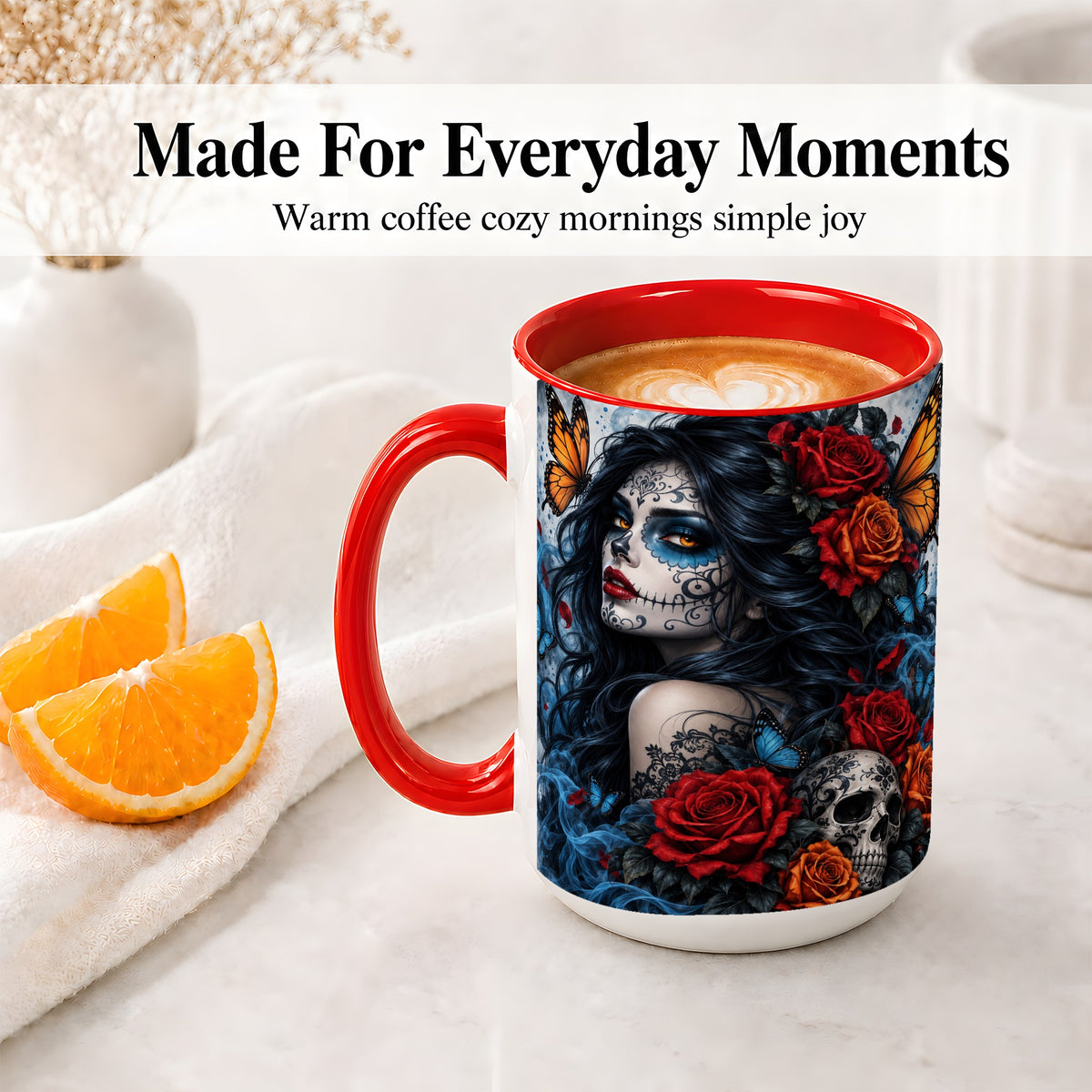 #pl[15oz|Red] Sugar Skull Butterfly Accent Mug, Ceramic Mug for Gothic Art Fans