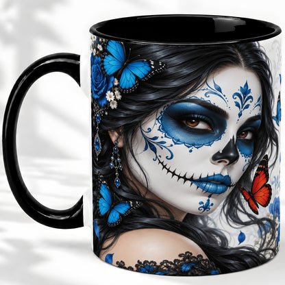 #pl[11oz|Black] Blue Sugar Skull Butterfly Accent Mug, Ceramic Mug for Gothic Fans