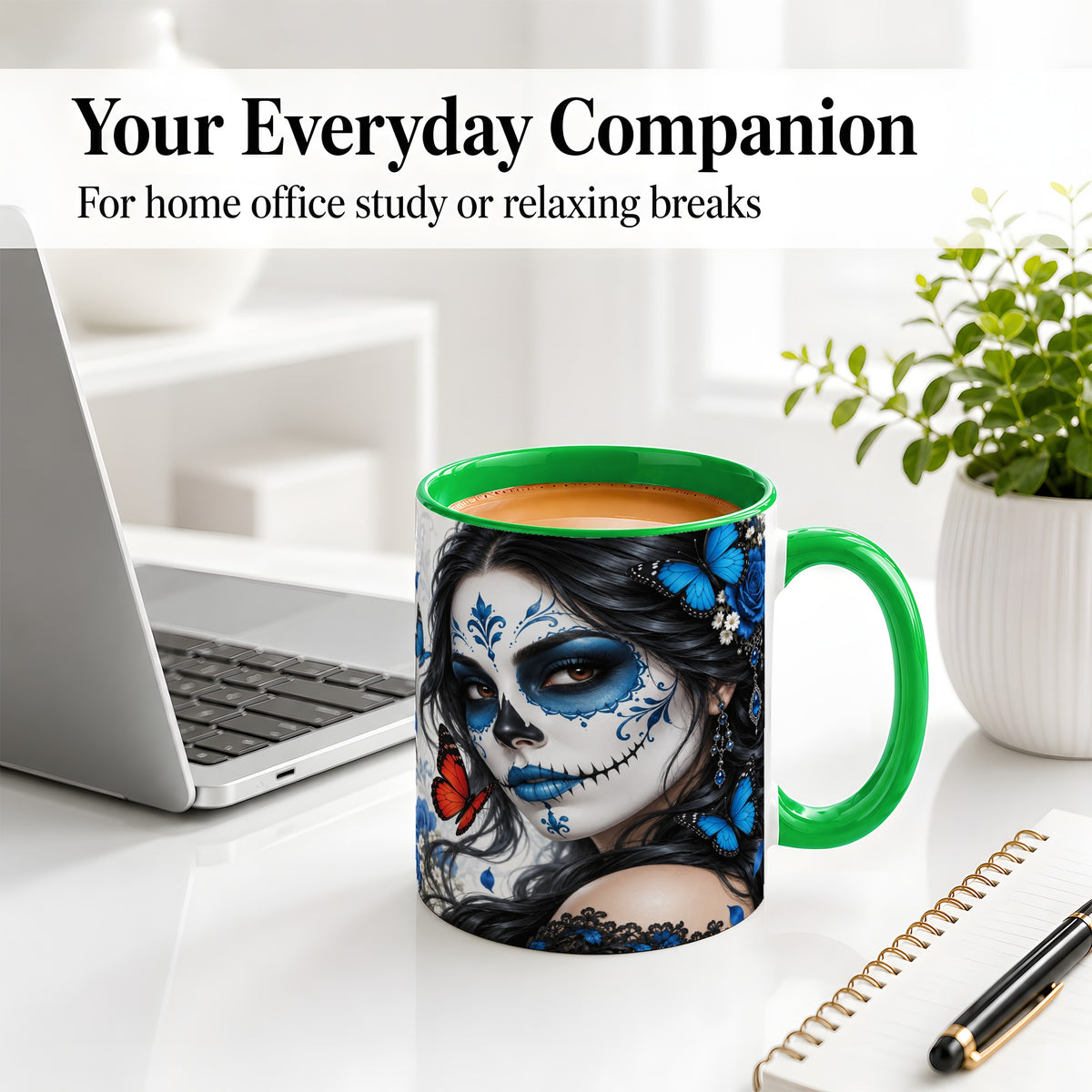 #pl[11oz|Green] Blue Sugar Skull Butterfly Accent Mug, Ceramic Mug for Gothic Fans