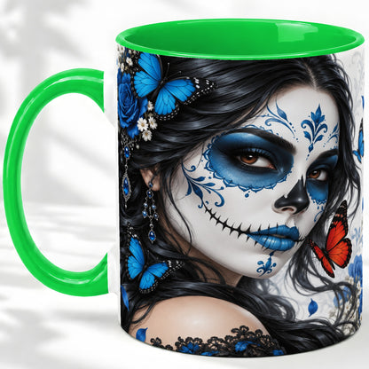 #pl[11oz|Green] Blue Sugar Skull Butterfly Accent Mug, Ceramic Mug for Gothic Fans