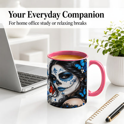 #pl[11oz|Pink] Blue Sugar Skull Butterfly Accent Mug, Ceramic Mug for Gothic Fans