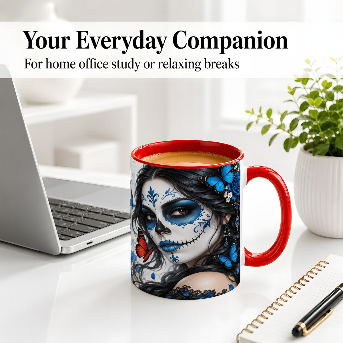 #pl[11oz|Red] Blue Sugar Skull Butterfly Accent Mug, Ceramic Mug for Gothic Fans
