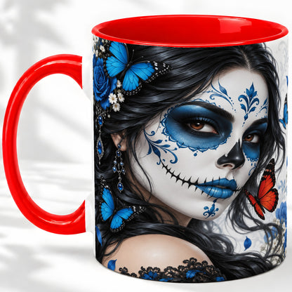 Blue Sugar Skull Butterfly Accent Mug, Ceramic Mug for Gothic Fans