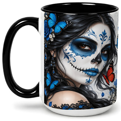 #pl[15oz|Black] Blue Sugar Skull Butterfly Accent Mug, Ceramic Mug for Gothic Fans