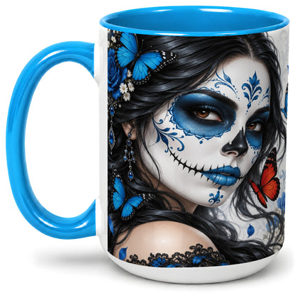 #pl[15oz|Blue] Blue Sugar Skull Butterfly Accent Mug, Ceramic Mug for Gothic Fans