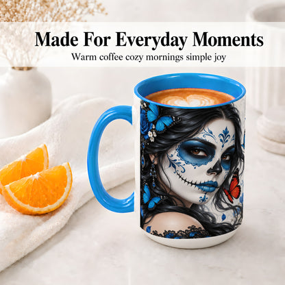 #pl[15oz|Blue] Blue Sugar Skull Butterfly Accent Mug, Ceramic Mug for Gothic Fans