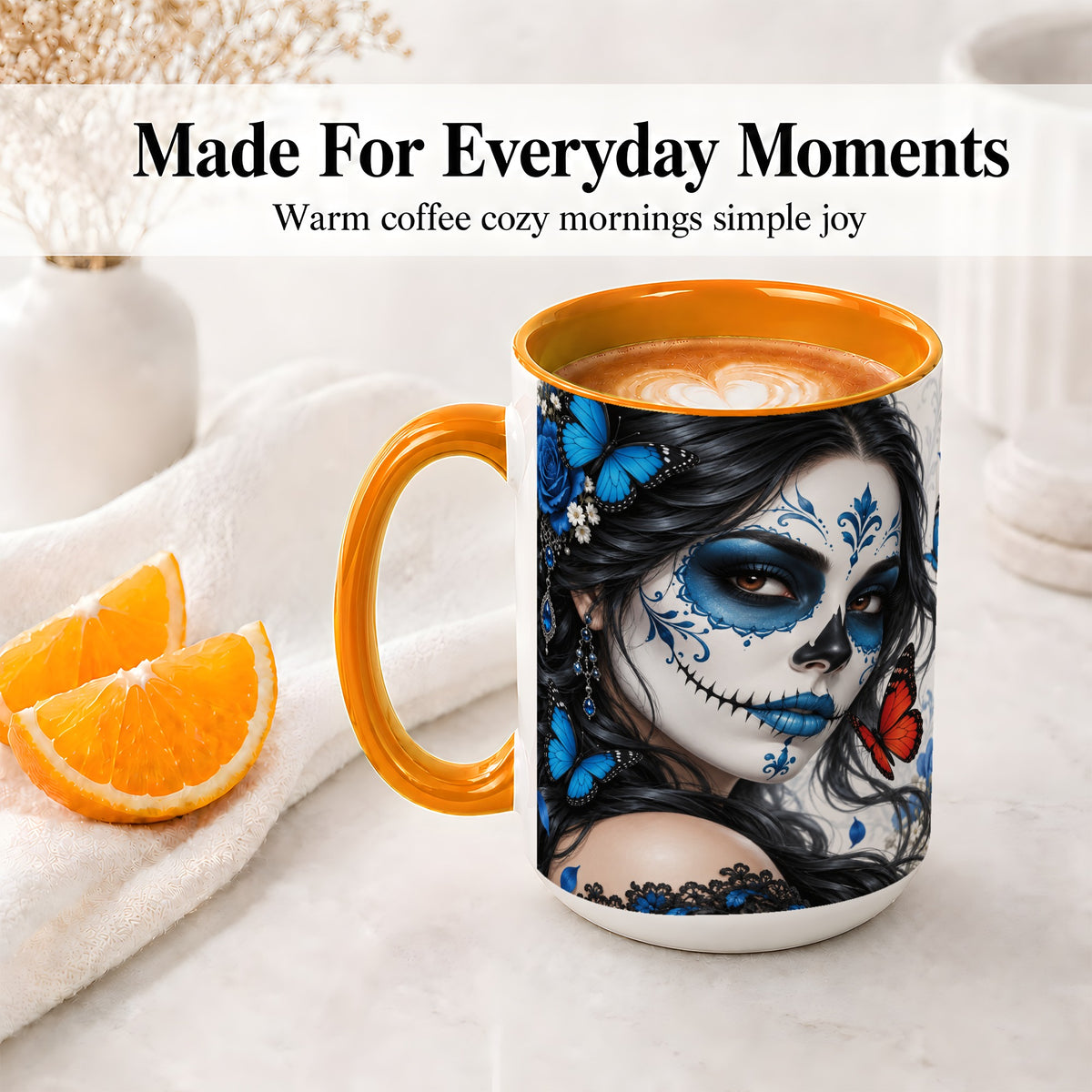 #pl[15oz|Orange] Blue Sugar Skull Butterfly Accent Mug, Ceramic Mug for Gothic Fans
