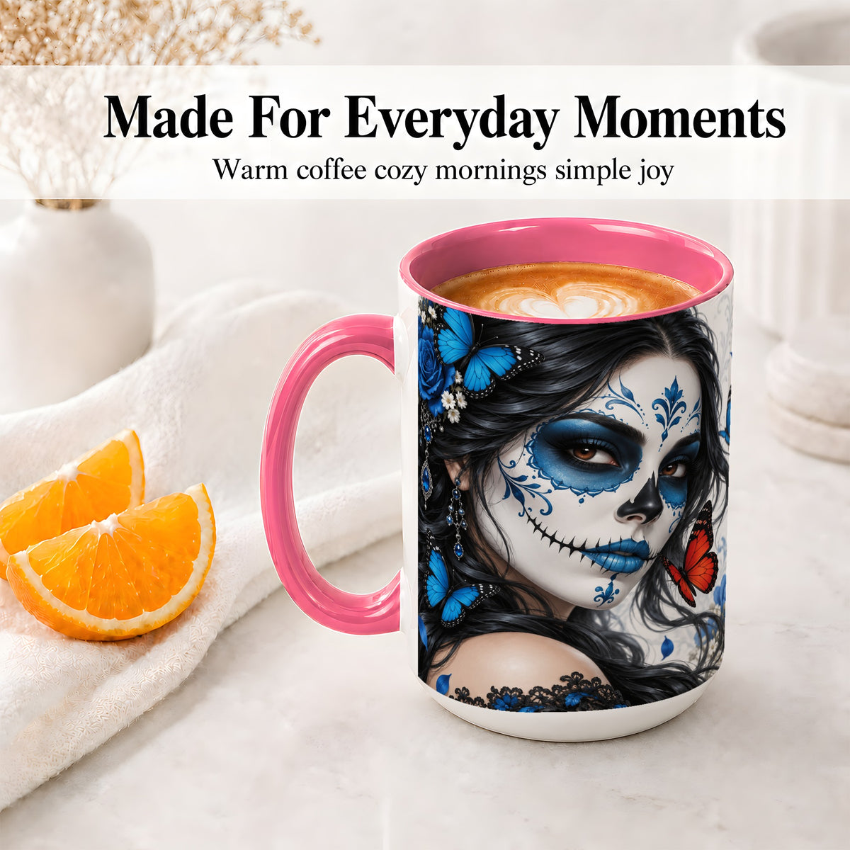 #pl[15oz|Pink] Blue Sugar Skull Butterfly Accent Mug, Ceramic Mug for Gothic Fans