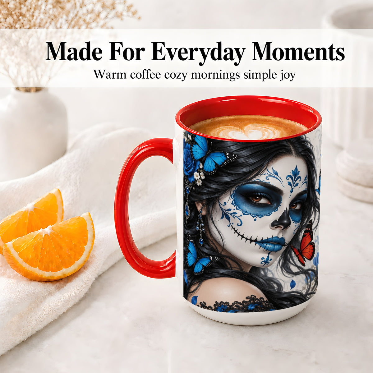 #pl[15oz|Red] Blue Sugar Skull Butterfly Accent Mug, Ceramic Mug for Gothic Fans