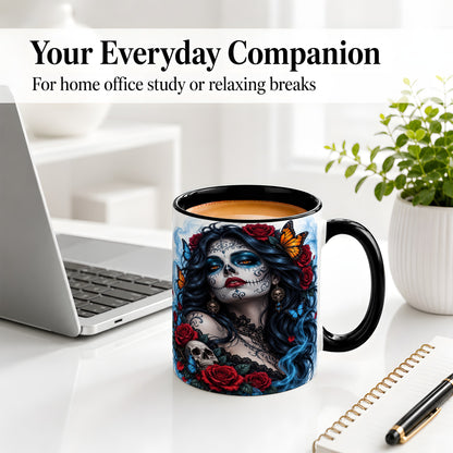 #pl[11oz|Black] Sugar Skull Rose Butterfly Accent Mug, Ceramic Mug for Gothic Fans