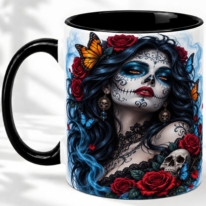 #pl[11oz|Black] Sugar Skull Rose Butterfly Accent Mug, Ceramic Mug for Gothic Fans