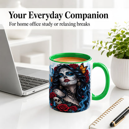#pl[11oz|Green] Sugar Skull Rose Butterfly Accent Mug, Ceramic Mug for Gothic Fans