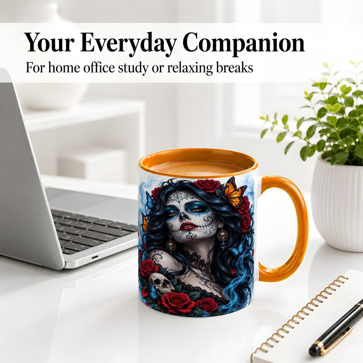 #pl[11oz|Orange] Sugar Skull Rose Butterfly Accent Mug, Ceramic Mug for Gothic Fans