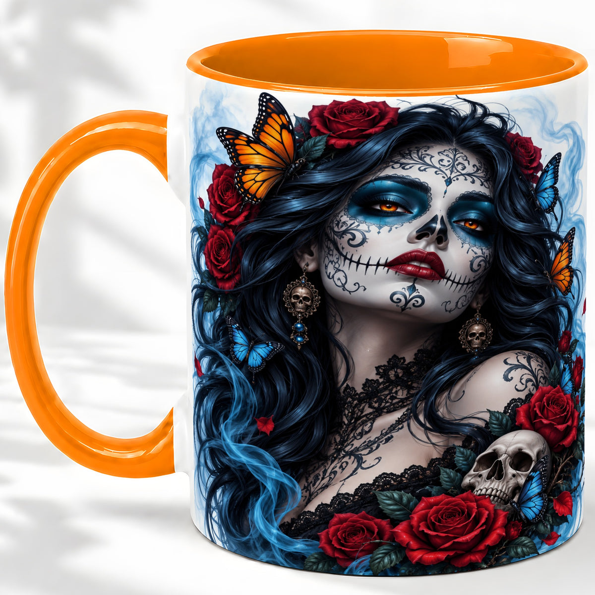 #pl[11oz|Orange] Sugar Skull Rose Butterfly Accent Mug, Ceramic Mug for Gothic Fans