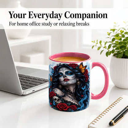 #pl[11oz|Pink] Sugar Skull Rose Butterfly Accent Mug, Ceramic Mug for Gothic Fans