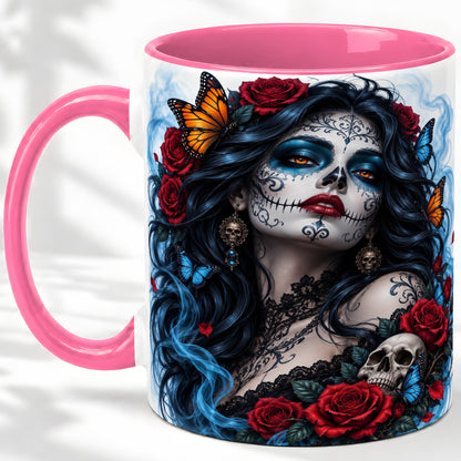 #pl[11oz|Pink] Sugar Skull Rose Butterfly Accent Mug, Ceramic Mug for Gothic Fans