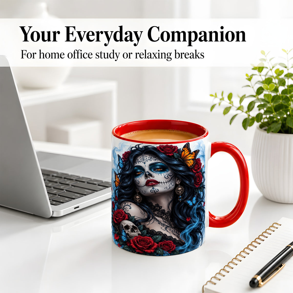 #pl[11oz|Red] Sugar Skull Rose Butterfly Accent Mug, Ceramic Mug for Gothic Fans