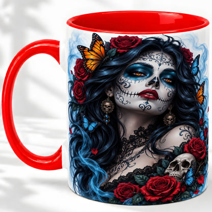 Sugar Skull Rose Butterfly Accent Mug, Ceramic Mug for Gothic Fans