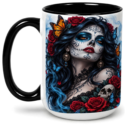 #pl[15oz|Black] Sugar Skull Rose Butterfly Accent Mug, Ceramic Mug for Gothic Fans