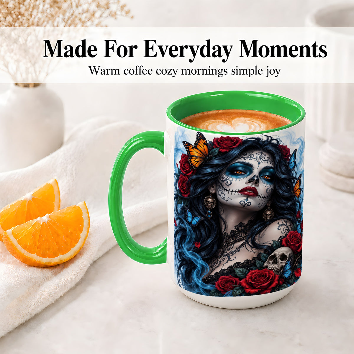 #pl[15oz|Green] Sugar Skull Rose Butterfly Accent Mug, Ceramic Mug for Gothic Fans