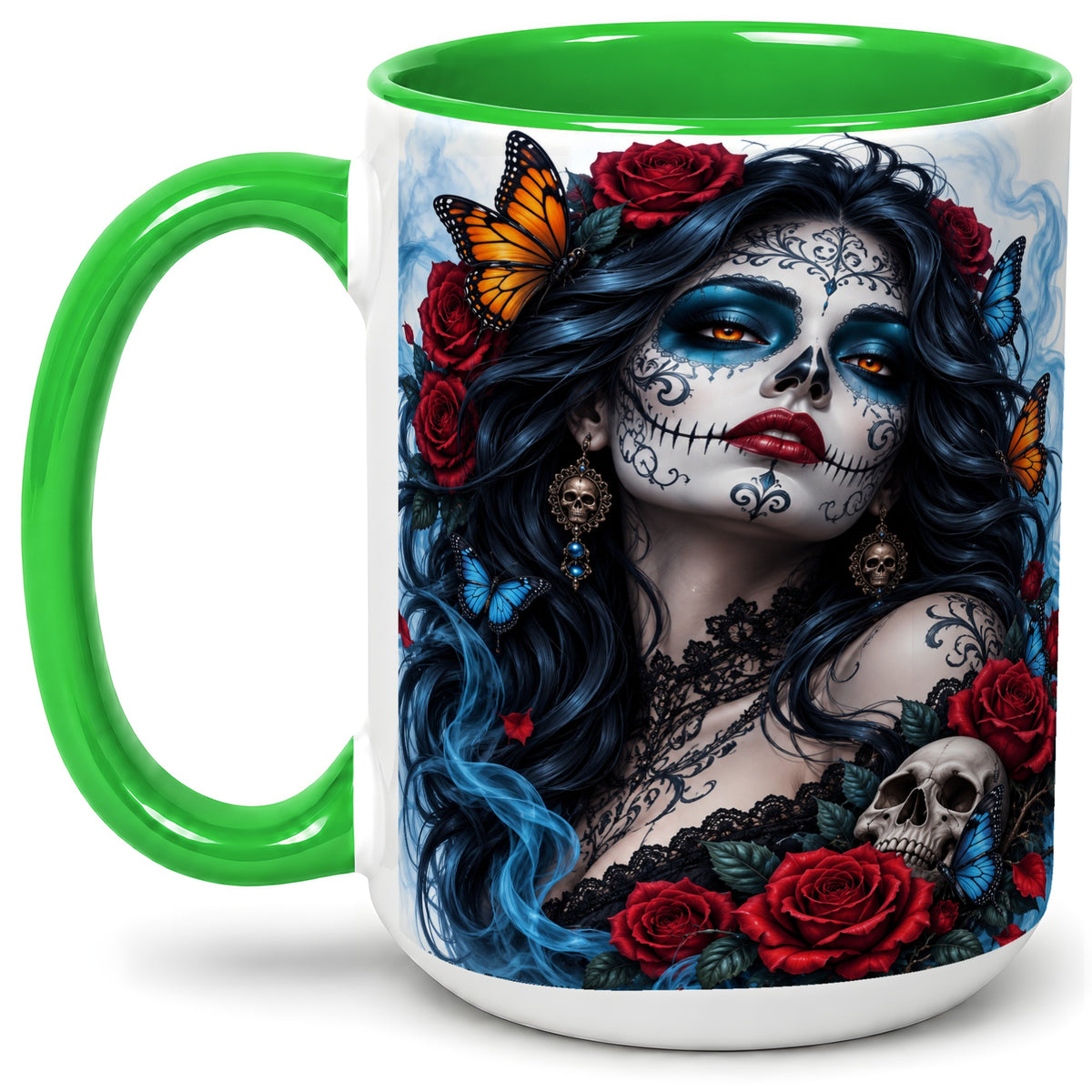 #pl[15oz|Green] Sugar Skull Rose Butterfly Accent Mug, Ceramic Mug for Gothic Fans