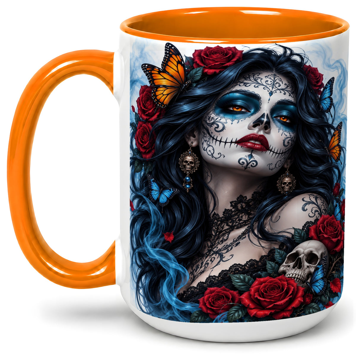 #pl[15oz|Orange] Sugar Skull Rose Butterfly Accent Mug, Ceramic Mug for Gothic Fans