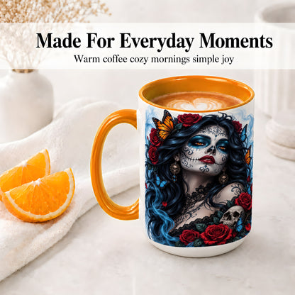 #pl[15oz|Orange] Sugar Skull Rose Butterfly Accent Mug, Ceramic Mug for Gothic Fans