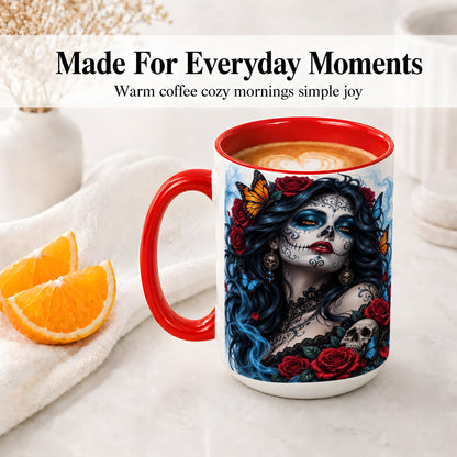 #pl[15oz|Red] Sugar Skull Rose Butterfly Accent Mug, Ceramic Mug for Gothic Fans
