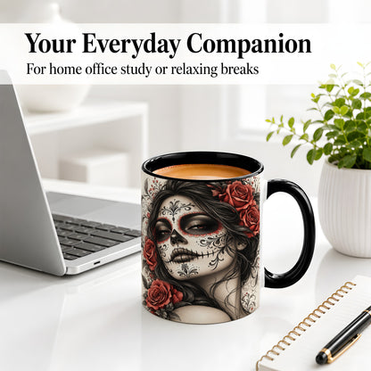 #pl[11oz|Black] Vintage Sugar Skull Rose Accent Mug, Ceramic Mug for Gothic Art Fans