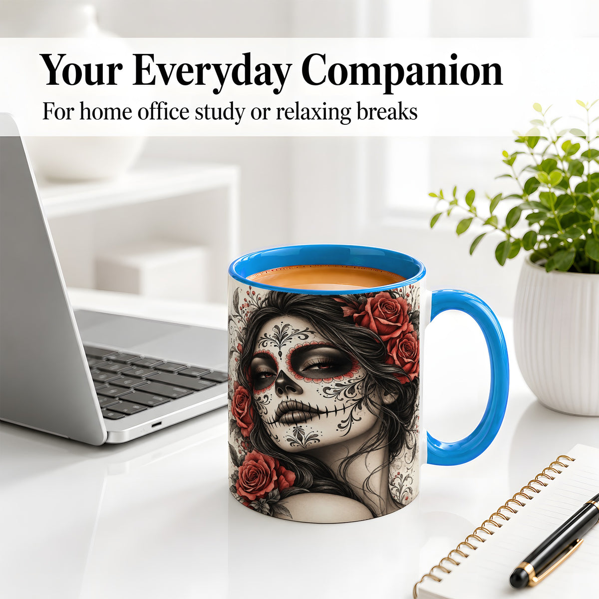 #pl[11oz|Blue] Vintage Sugar Skull Rose Accent Mug, Ceramic Mug for Gothic Art Fans