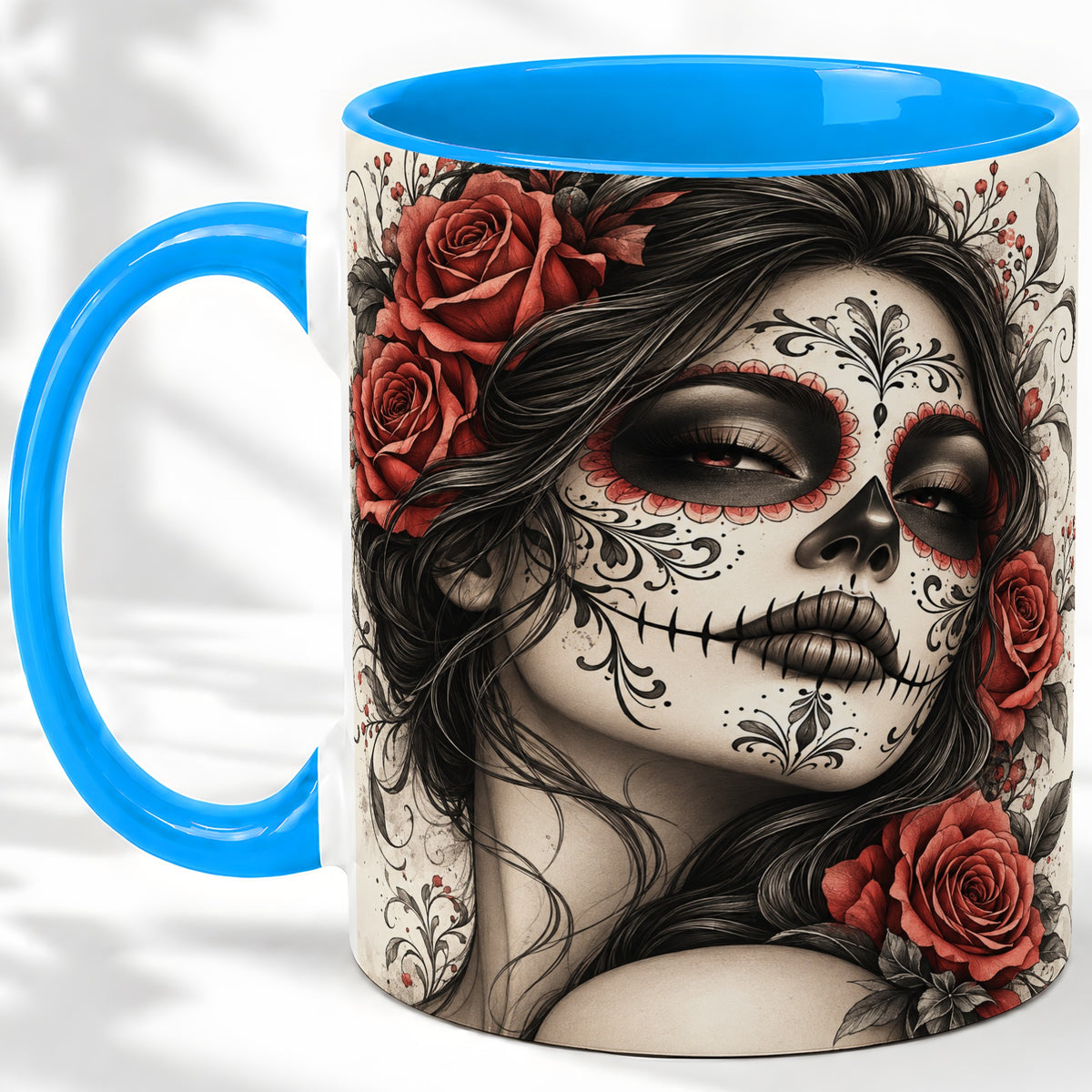 #pl[11oz|Blue] Vintage Sugar Skull Rose Accent Mug, Ceramic Mug for Gothic Art Fans