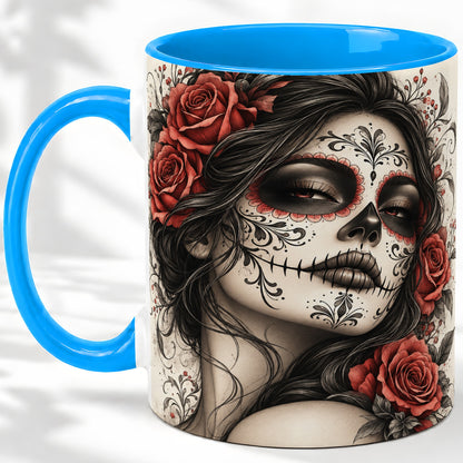 #pl[11oz|Blue] Vintage Sugar Skull Rose Accent Mug, Ceramic Mug for Gothic Art Fans