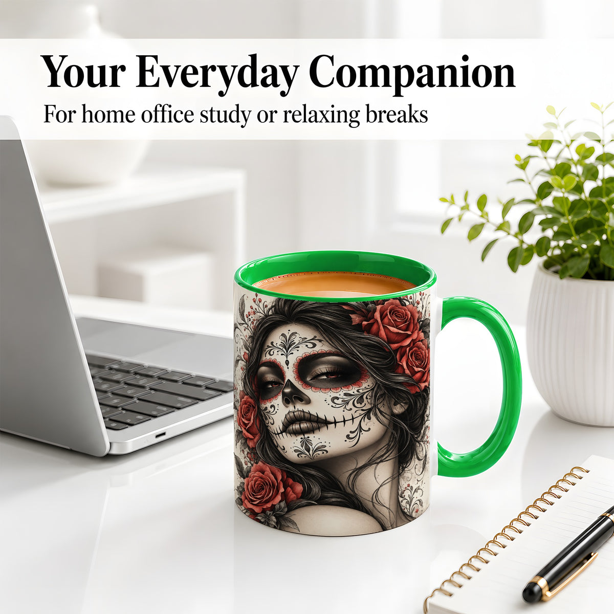 #pl[11oz|Green] Vintage Sugar Skull Rose Accent Mug, Ceramic Mug for Gothic Art Fans
