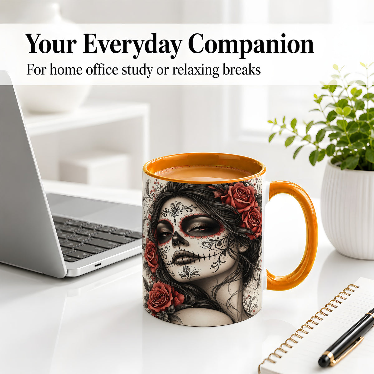 #pl[11oz|Orange] Vintage Sugar Skull Rose Accent Mug, Ceramic Mug for Gothic Art Fans