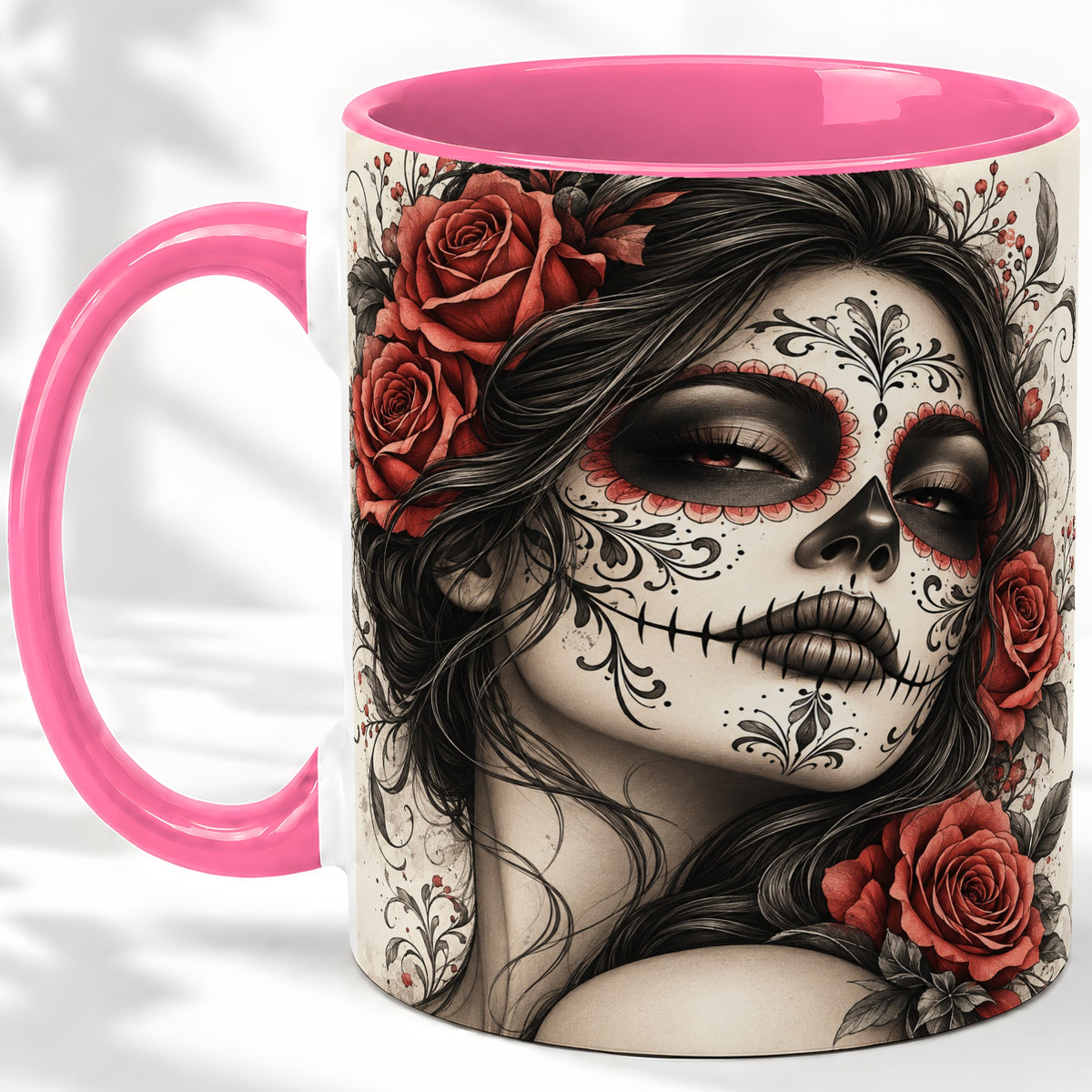 #pl[11oz|Pink] Vintage Sugar Skull Rose Accent Mug, Ceramic Mug for Gothic Art Fans