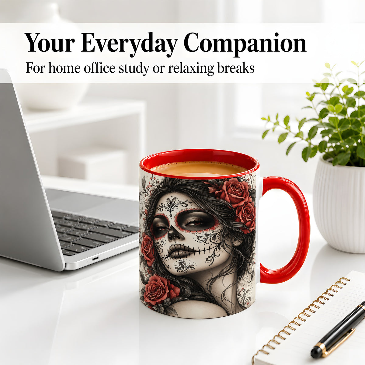 #pl[11oz|Red] Vintage Sugar Skull Rose Accent Mug, Ceramic Mug for Gothic Art Fans