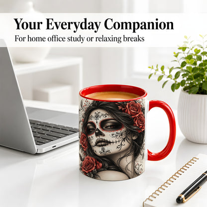 #pl[11oz|Red] Vintage Sugar Skull Rose Accent Mug, Ceramic Mug for Gothic Art Fans