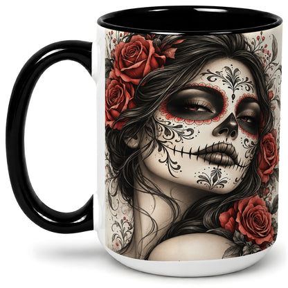 #pl[15oz|Black] Vintage Sugar Skull Rose Accent Mug, Ceramic Mug for Gothic Art Fans