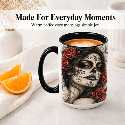 #pl[15oz|Black] Vintage Sugar Skull Rose Accent Mug, Ceramic Mug for Gothic Art Fans