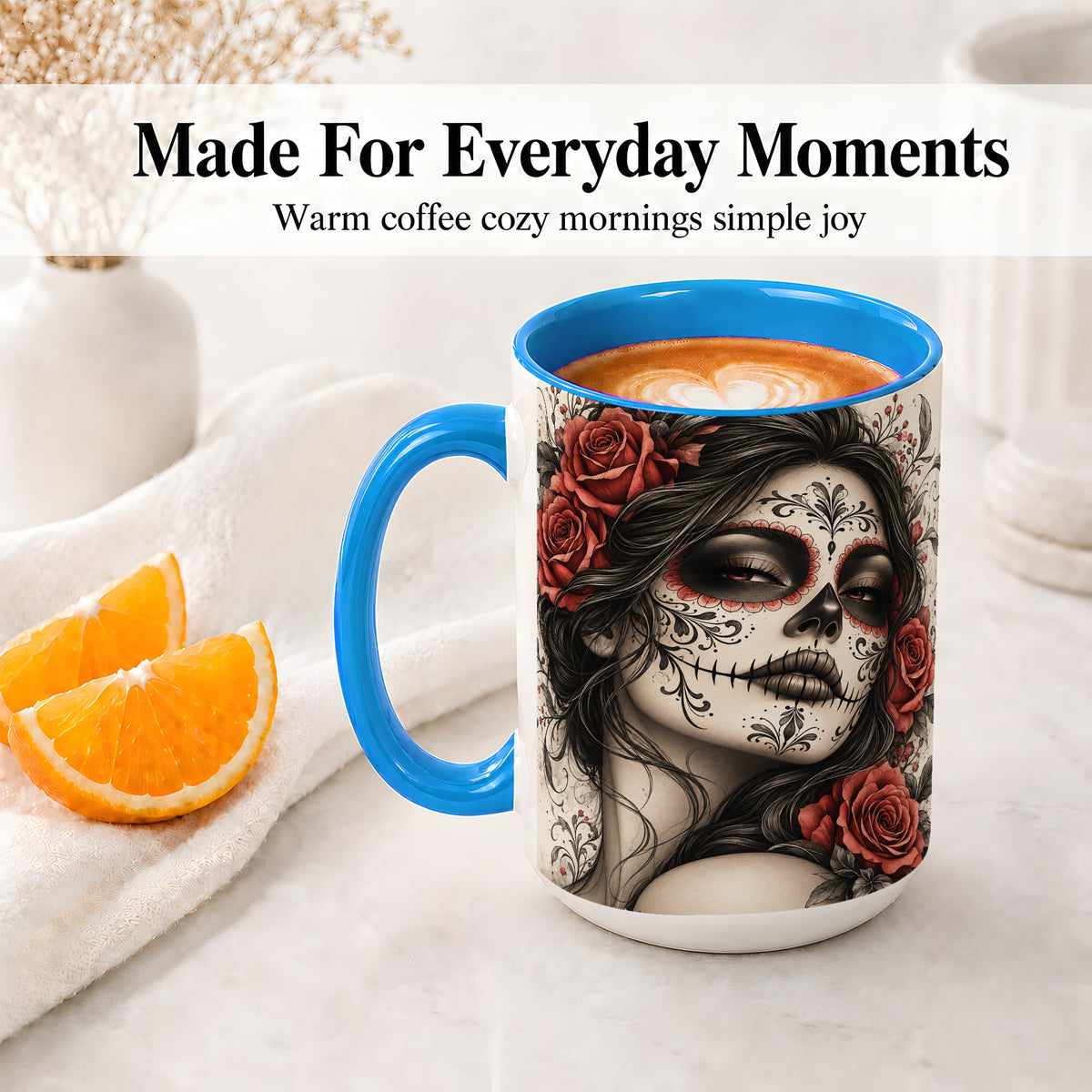 #pl[15oz|Blue] Vintage Sugar Skull Rose Accent Mug, Ceramic Mug for Gothic Art Fans
